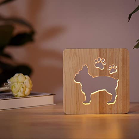 French Bull Dog Night Light, Lovely Wooden Decoration Lamp for Dog Lover, Friendship, Adult Room Decor Birthday Holiday Valentine's Day Gift for Men Women Fr