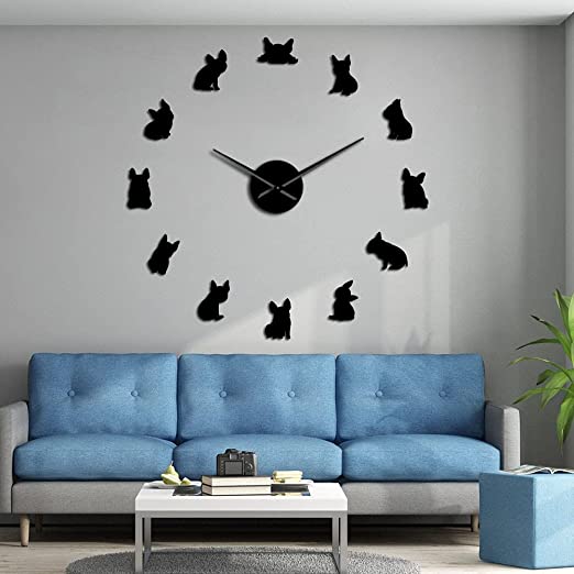 French Bulldog DIY Giant Wall Clocks France Domestic Dog Large Modern Wall Clock Frenchie Wall Watch DOD Breeds Dog Lovers Gift (Black、27inch)