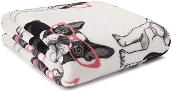 Fun Print Soft Cozy Lightweight 50 x 60 Fleece Throw Blanket-White with French Bulldogs in Glasses