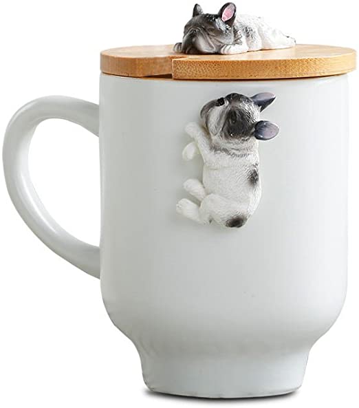 Funny Sleeping Frenchie Bulldog Mug Gifts, White Ceramic Mug for French Bulldog Lovers with Bamboo Lid for Coffee Tea Milk (12oz,350ML) (White, Sleep Fre