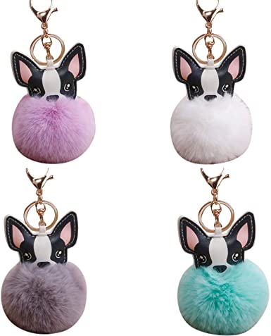 Pompom French Bulldog Keychain Fluffy Faux Fur Ball Dog Key Chain Charm Leather Keyring Women Bag Car Key Ring