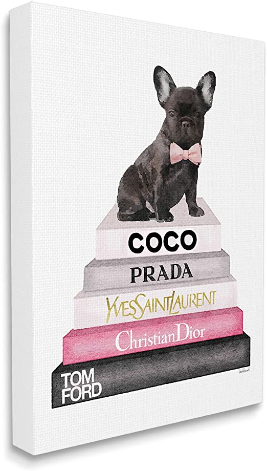 Stupell Industries Book Stack Fashion French Bulldog Stretched Canvas Wall Art, 16x20, Multicolor