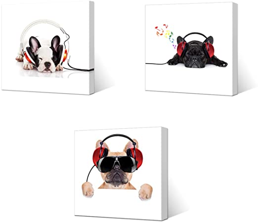 VVOVV Wall Decor - Canvas Prints Cool Dog with Sunglasses Listen to DJ Music Headphone Painting Animal Pictures Wall Decor Contemporary Giclee Artwork St