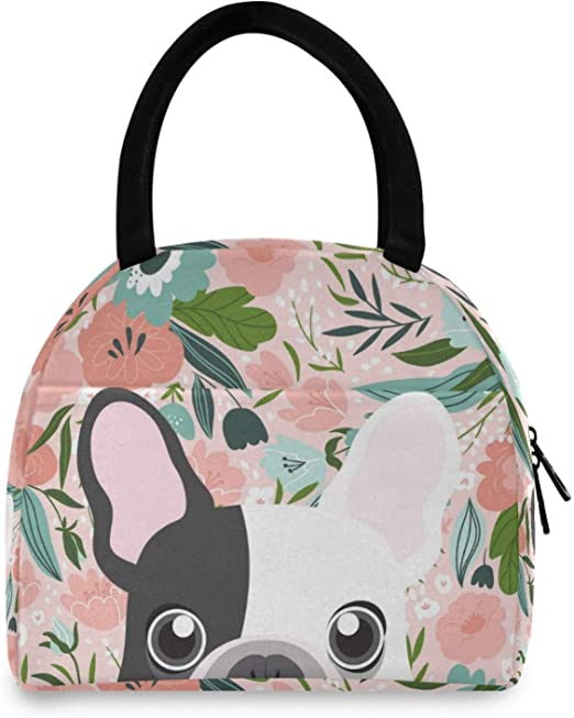 YiGee French Bulldog Floral Dog Lunch Bag Tote Bag, Insulated Organizer Zippered Lunch Box Lunchbox Lunch Container Handbag for Women Men Home Office Picnic